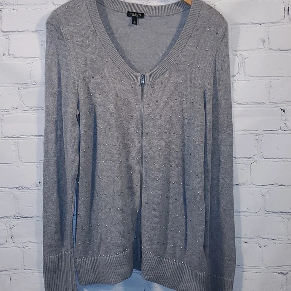 Talbots Gray Silver Studded Zip Up Sweater Cardigan - Picture 1 of 8